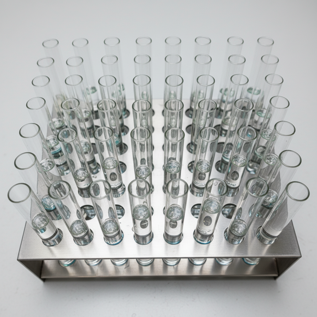 A metal rack holding multiple glass test tubes arranged neatly